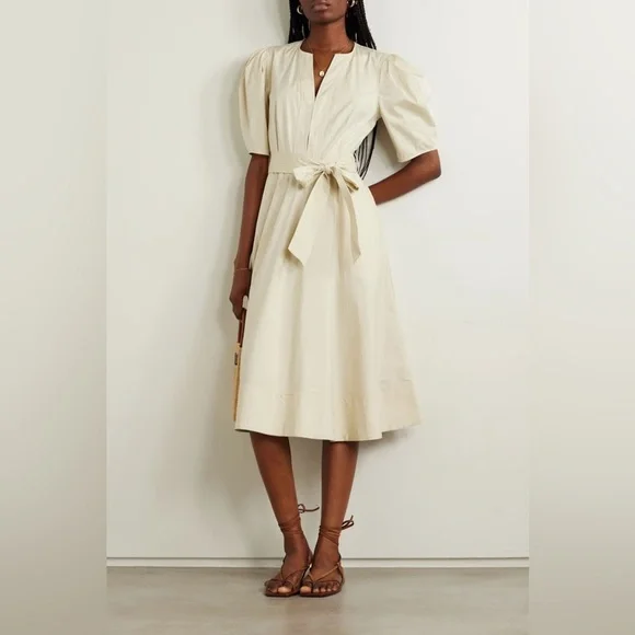 Polo Ralph Lauren Puff Sleeve Belted Midi Dress Fit Flare Cotton Poplin Beige 4 - Picture 2 of 10